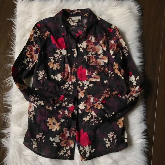 Floral Print LOFT Shirt Blouse Black Pink Cream M - Picture 3 of 6